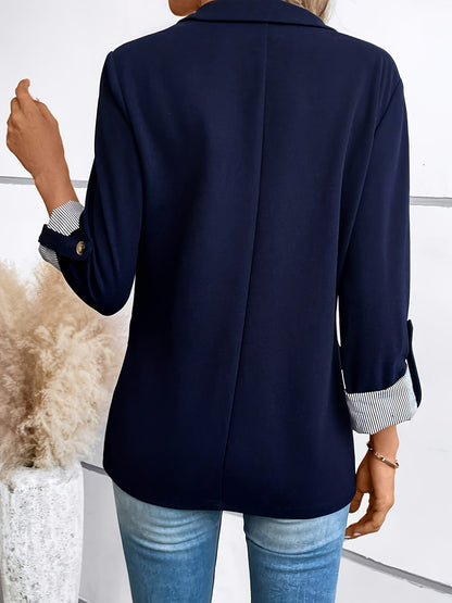 Blazer Sin Esfuerzo para Mujeres con Cuello de Solapa, Manga Larga, Puño Rayado, Estilo Casual