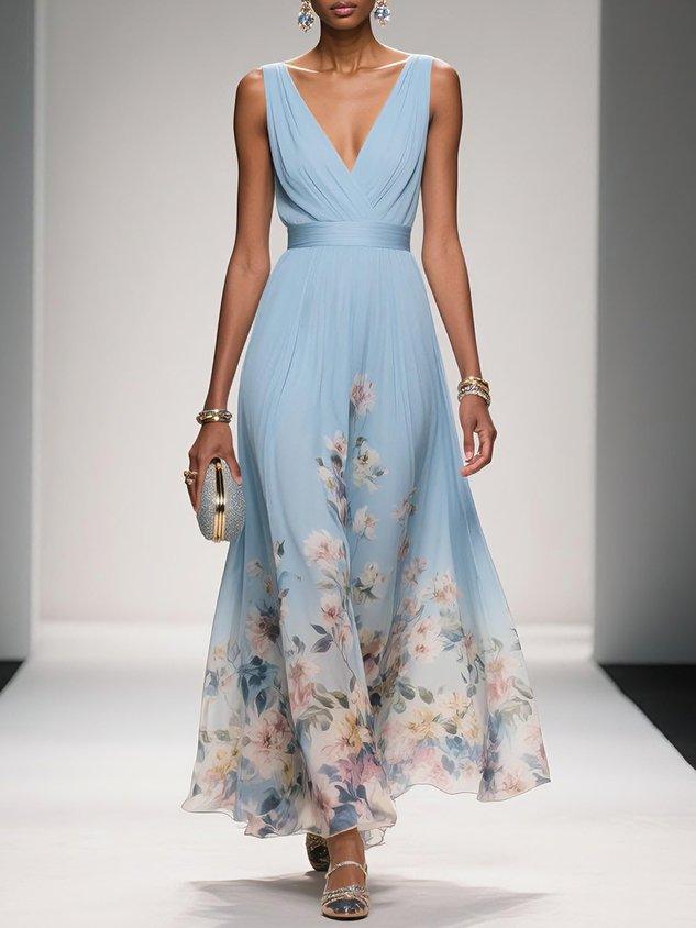Elegante Vestido Maxi Floral para Mujeres con Escote en V Sin Mangas y Cintura Envolvente, Estilo para Invitadas de Boda
