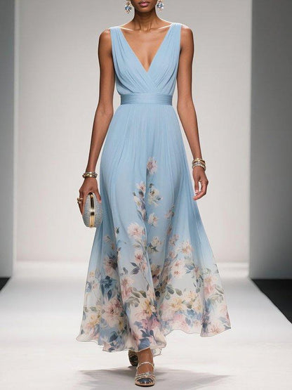 Elegante Vestido Maxi Floral para Mujeres con Escote en V Sin Mangas y Cintura Envolvente, Estilo para Invitadas de Boda