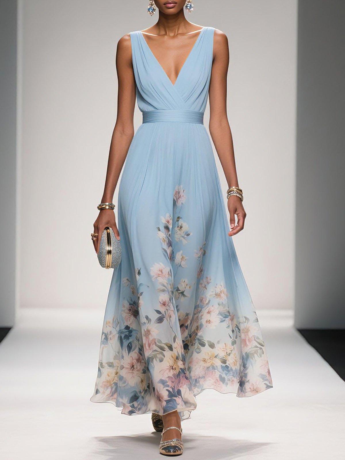 Elegante Vestido Maxi Floral para Mujeres con Escote en V Sin Mangas y Cintura Envolvente, Estilo para Invitadas de Boda