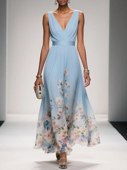 Elegante Vestido Maxi Floral para Mujeres con Escote en V Sin Mangas y Cintura Envolvente, Estilo para Invitadas de Boda