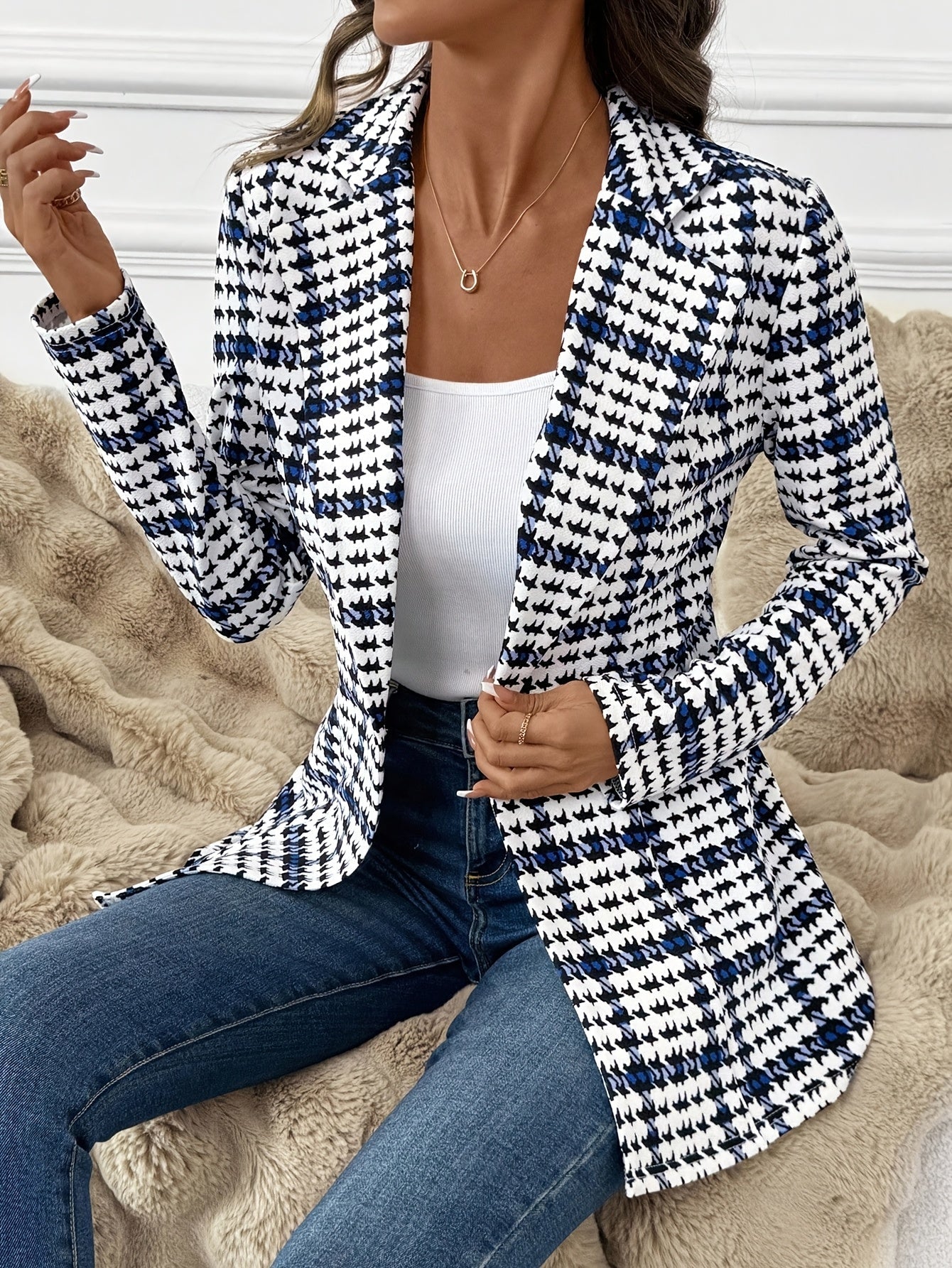 Blazer de Cuadros Elegante para Mujeres, Blazer de Manga Larga Versátil para el Día a Día, Blazer Clásico de Cuadros para Viajar, Blazer de Otoño para Mujeres, Blazer de Cuadros, Blazer de Pied de Poule
