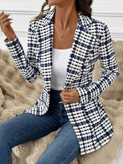 Blazer de Cuadros Elegante para Mujeres, Blazer de Manga Larga Versátil para el Día a Día, Blazer Clásico de Cuadros para Viajar, Blazer de Otoño para Mujeres, Blazer de Cuadros, Blazer de Pied de Poule