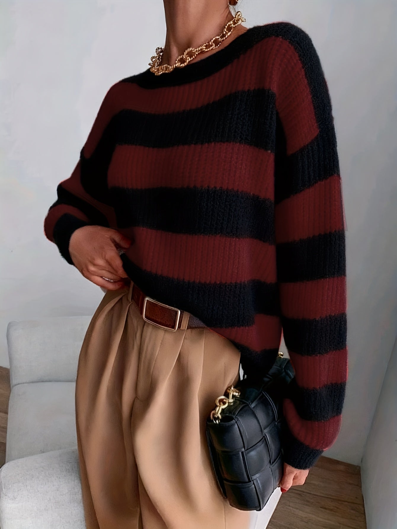 Suéter a Rayas Cómodo para Mujeres con Cuello Redondo, Manga Larga, Estilo Relajado y Oversized