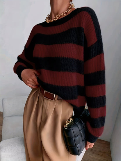 Suéter a Rayas Cómodo para Mujeres con Cuello Redondo, Manga Larga, Estilo Relajado y Oversized