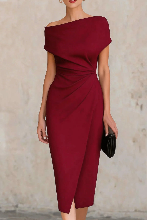 Vestido Midi Elegante Drapado para Mujeres con Escote Asimétrico, Manga Corta y Estilo de Cóctel con Fruncido