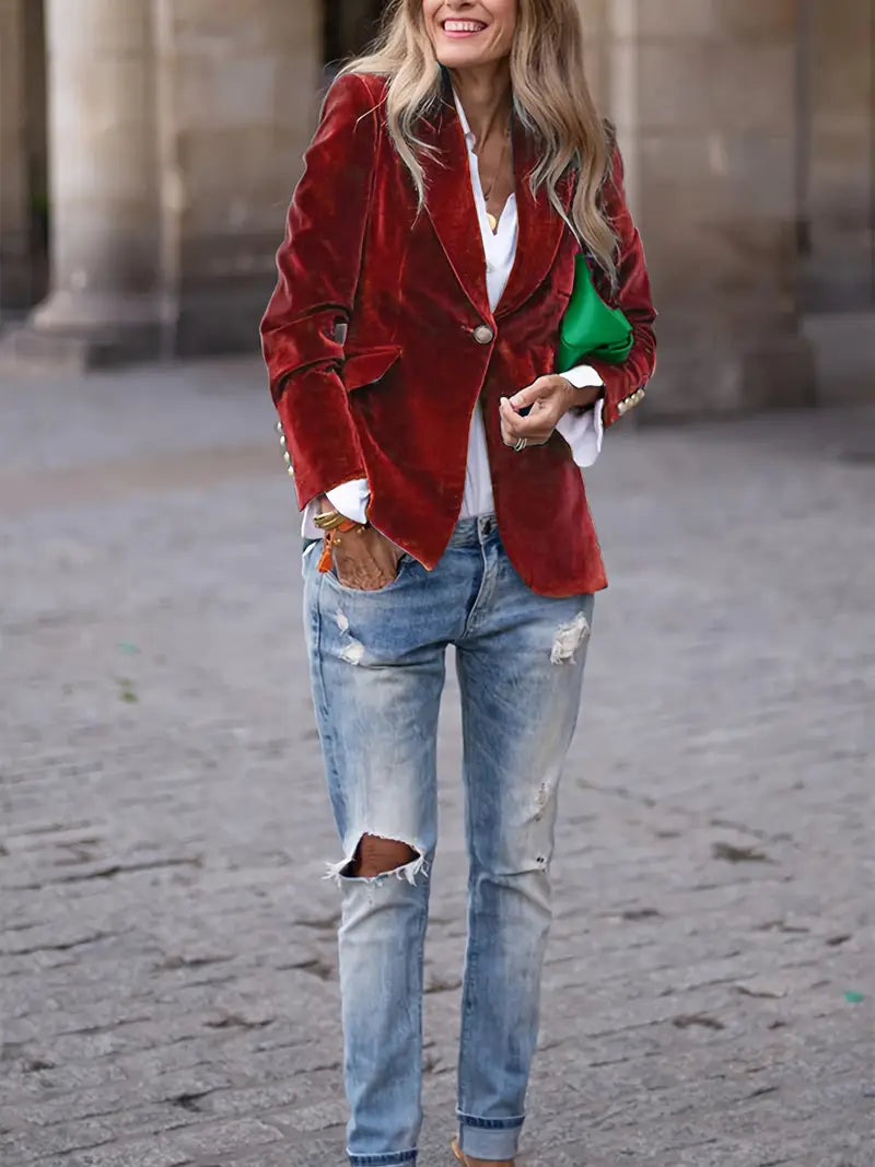 Blazer de Terciopelo Elegante para Mujeres con Solapa, Manga Larga, Botón Único y Estilo Formal