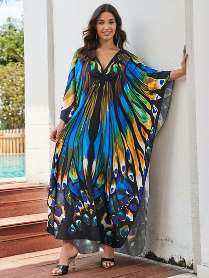 Elegante Kaftán Maxi de Impresión de Pavo Real Multicolor para Mujeres con Escote en V y Manga Murciélago Fluyente