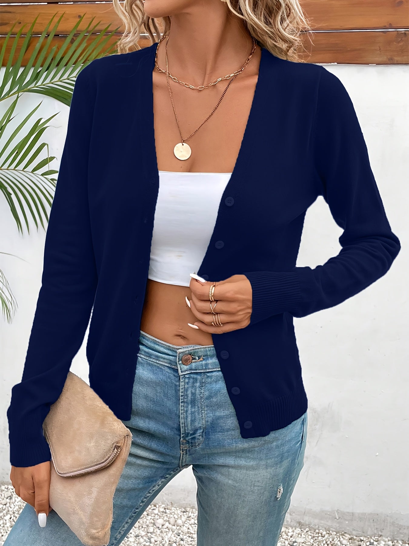 Suéter Cárdigan de Punto Sin Esfuerzo para Mujeres con Cuello en V, Manga Larga, Frente con Botones y Estilo Relajado