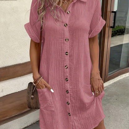 Vestido Camisero de Gasa de Algodón Sin Esfuerzo para Mujeres con Cuello, Manga Corta y Botones, Estilo Relajado