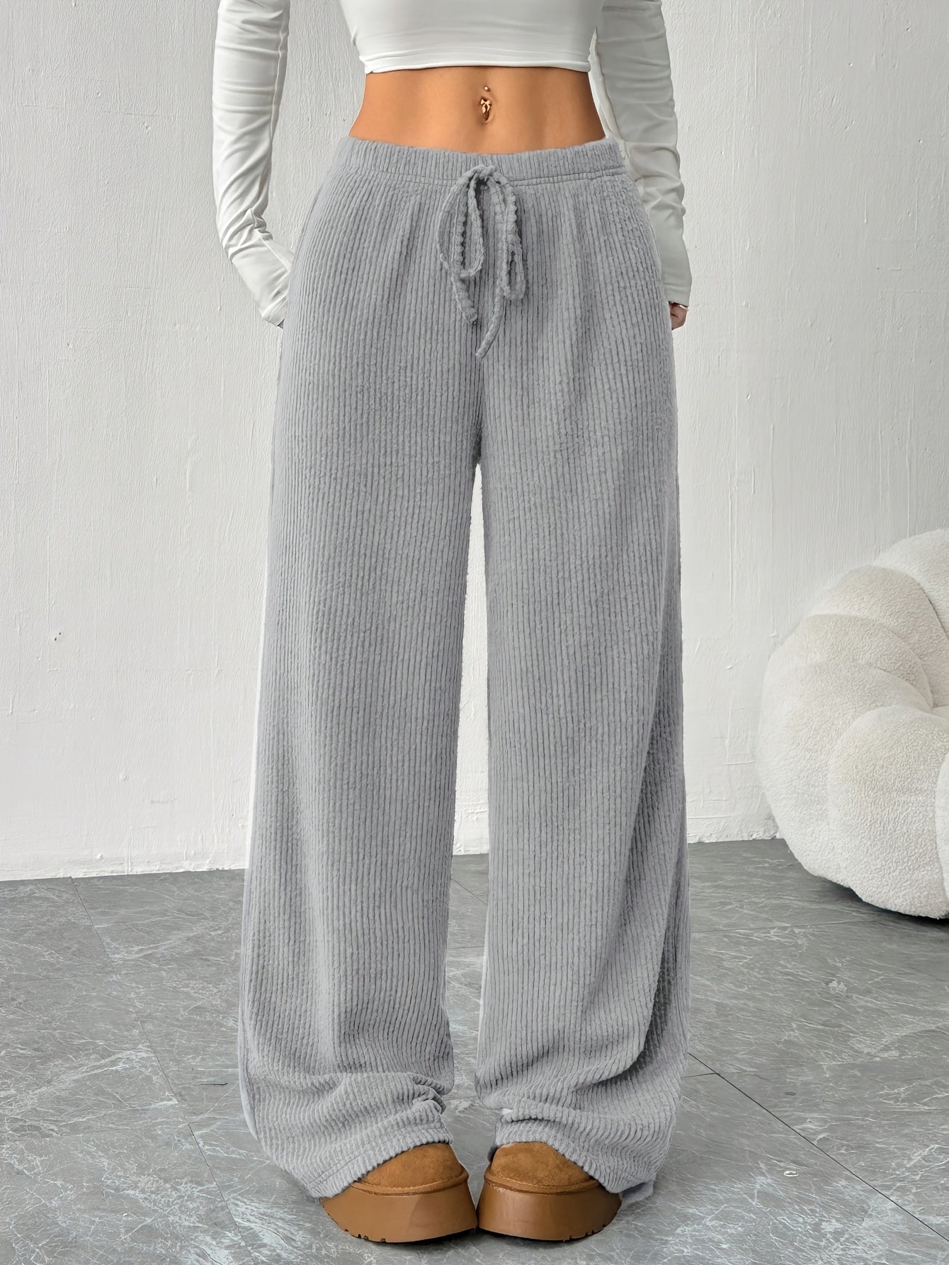 Pantalones Anchos de Punto Acanalado para Mujeres con Cintura Alta y Cuerda de Ajuste, Estilo Casual Relajado