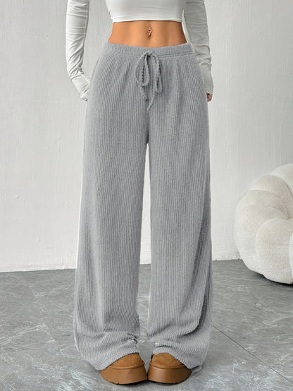 Pantalones Anchos de Punto Acanalado para Mujeres con Cintura Alta y Cuerda de Ajuste, Estilo Casual Relajado