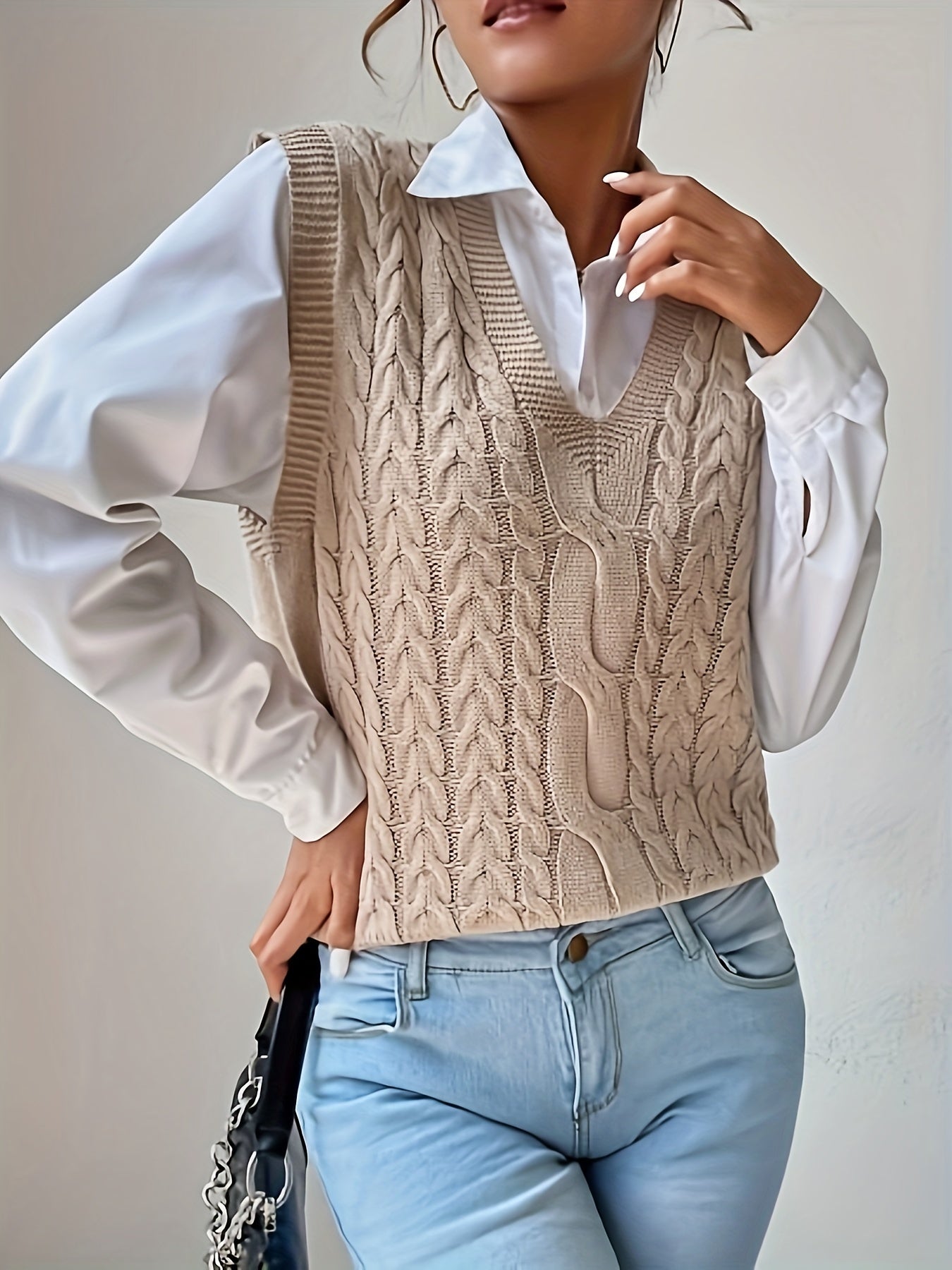 Chaleco de Punto Trenzado Cómodo para Mujeres con Escote en V, Sin Mangas, Estilo Relajado y Oversized