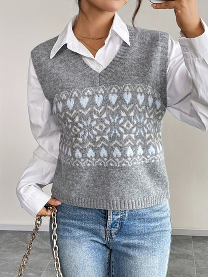 Chaleco de Suéter Elegante en Gris con Patrón Fair Isle para Mujeres con Escote en V, Sin Mangas, Corto y de Estilo Oversized