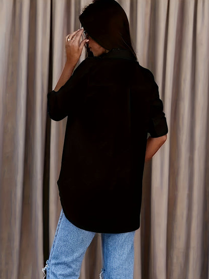 Blusa de Botón Sin Esfuerzo para Mujeres con Cuello, Manga Larga, Estilo Casual Relajado y Oversized