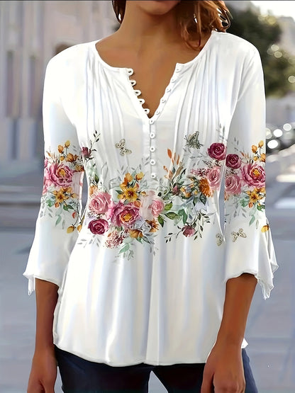 Blusa Floral Blanca Elegante para Mujeres con Cuello en V, Mangas de Campana y Estilo Fluido