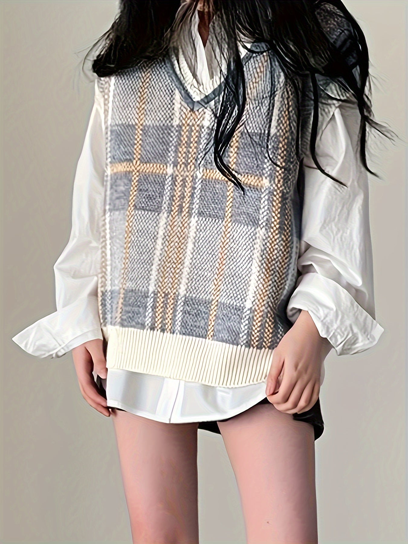 Chaleco de Suéter a Cuadros Cómodo para Mujeres con Cuello en V Sin Mangas y Ribete Acanalado Estilo Oversized