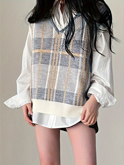 Chaleco de Suéter a Cuadros Cómodo para Mujeres con Cuello en V Sin Mangas y Ribete Acanalado Estilo Oversized