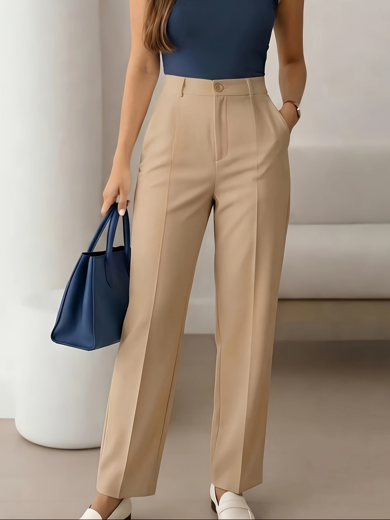Pantalones Elegantes de Pierna Ancha para Mujeres con Cintura Alta y Pliegues, Estilo Oficina