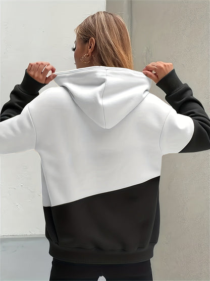 Sudadera gráfica de color bloque cómoda para mujeres con cuello de cowl, manga larga, bolsillo canguro y estilo relajado