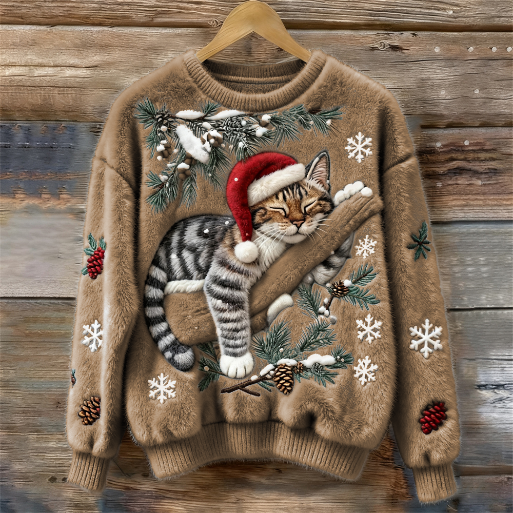 Suéter Cómodo con Estampado de Gato para Mujeres, Cuello Redondo, Manga Larga, Bordado de Copo de Nieve, Estilo Oversized de Tejido