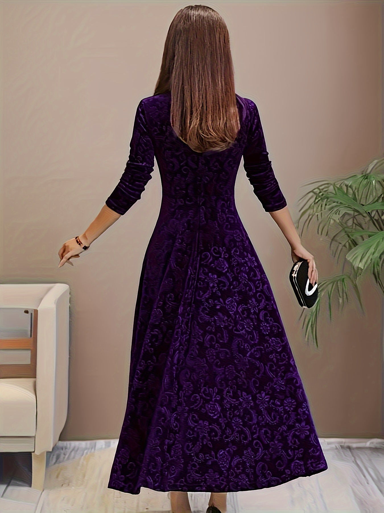 Vestido Maxi Floral de Terciopelo Elegante para Mujeres con Cuello Cuadrado y Manga de Codo Estilo A Fluyente
