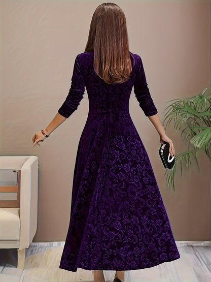 Vestido Maxi Floral de Terciopelo Elegante para Mujeres con Cuello Cuadrado y Manga de Codo Estilo A Fluyente