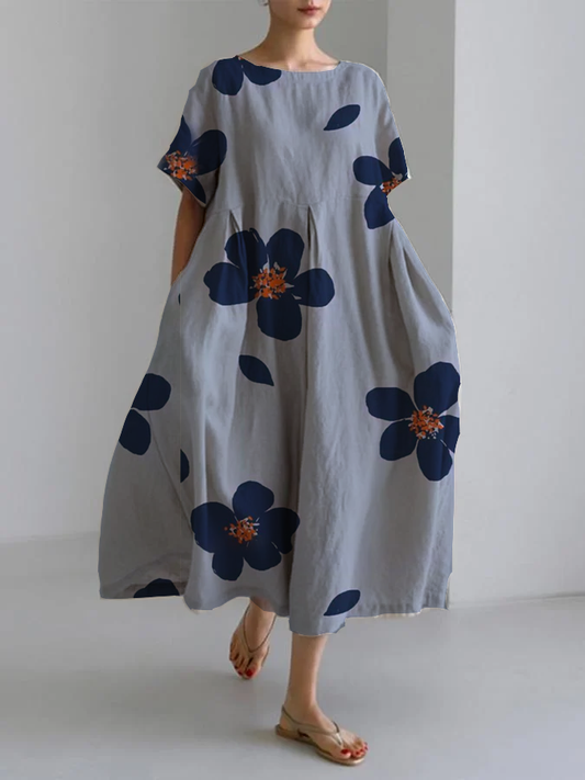 Vestido Maxi Floral Azul Sin Esfuerzo para Mujeres con Cuello Redondo, Manga Corta, Bolsillo Sobredimensionado y Estilo Bohemio Fluido