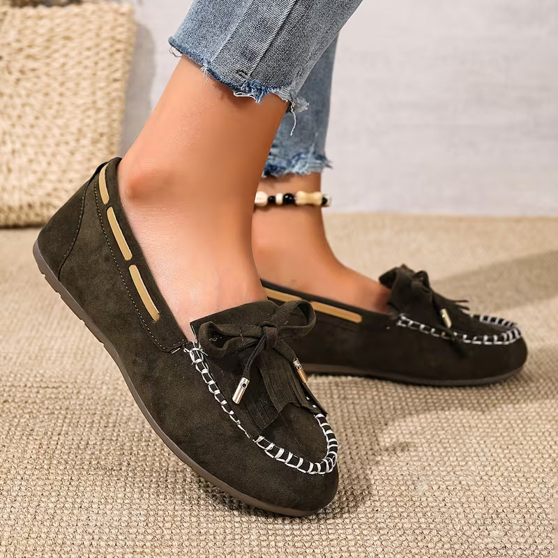 Zapatos de Casa Cómodos para Mujeres con Moño de Flecos Estilo Mocasín Sin Cordones