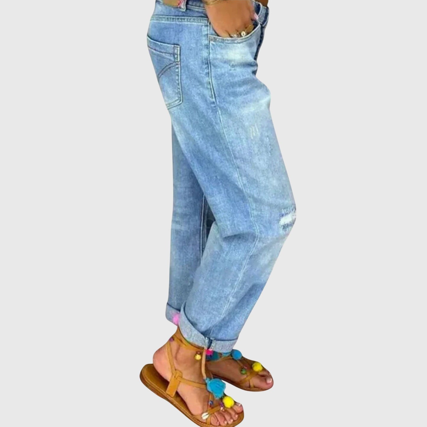 Jeans Azules Elegantes para Mujeres con Cintura Alta, Cierre de Botones, Estilo Desgastado, Relajado, Boyfriend, Mom Jean