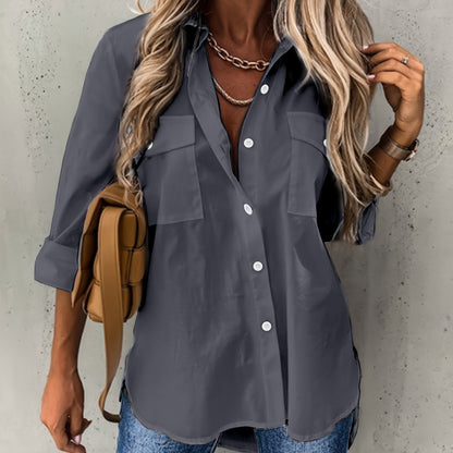 Blusa de Bolsillo Utilitaria sin Esfuerzo para Mujeres con Cuello y Manga Larga de Corte Curvado Relajado