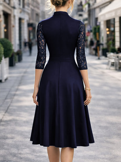 Vestido Midi Elegante con Encaje para Mujeres con Cuello en V Notch y Mangas Tres Cuartos, Estilo Fit and Flare para Cócteles