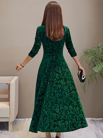 Vestido Maxi Floral de Terciopelo Elegante para Mujeres con Cuello Cuadrado y Manga de Codo Estilo A Fluyente