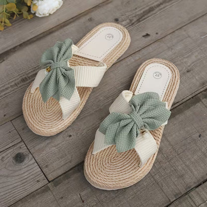 Sandalias Planas Cómodas para Mujeres con Detalle de Lazo y Tira Cruzada con Acabado de Espadrille Estilo Abierto