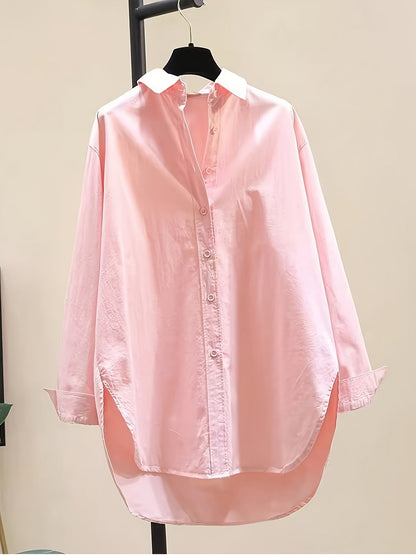 Blusa de Algodón Sin Esfuerzo para Mujeres con Cuello de Punto, Manga Larga, Estilo Oversized y Bajo Irregular