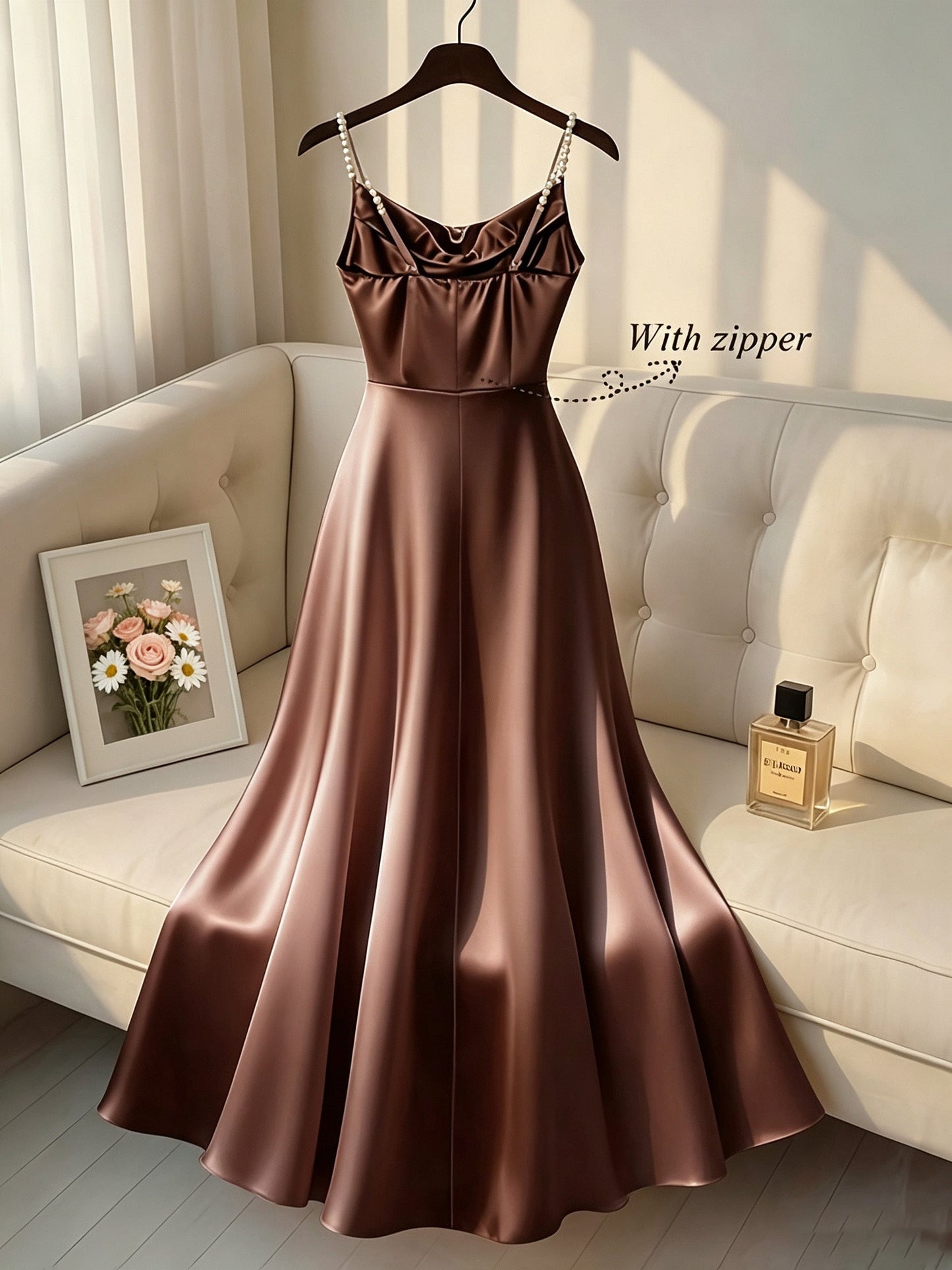 Elegante Vestido Maxi de Satén para Mujeres con Cuello Cowl y Tirantes de Perlas para Estilo Formal de Invitada de Boda