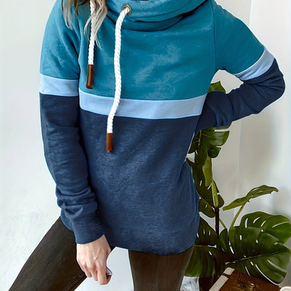 Sudadera Colorblock Cómoda para Mujeres con Cuello de Cowl, Manga Larga, Capucha, Estilo Oversized de Tejido
