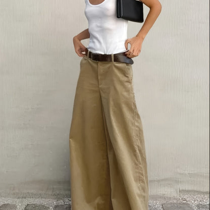 Pantalones Anchos Sin Esfuerzo para Mujeres con Cintura Alta, Botón Frontal, Estilo Casual Relajado