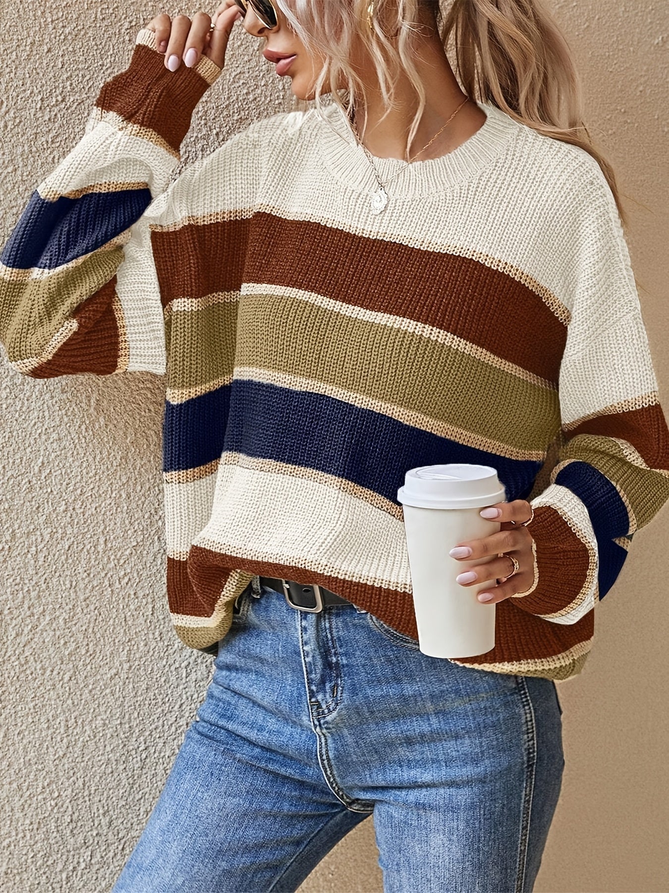 Suéter de rayas color bloque cómodo para mujeres con cuello redondo, manga larga y estilo de punto relajado y oversize