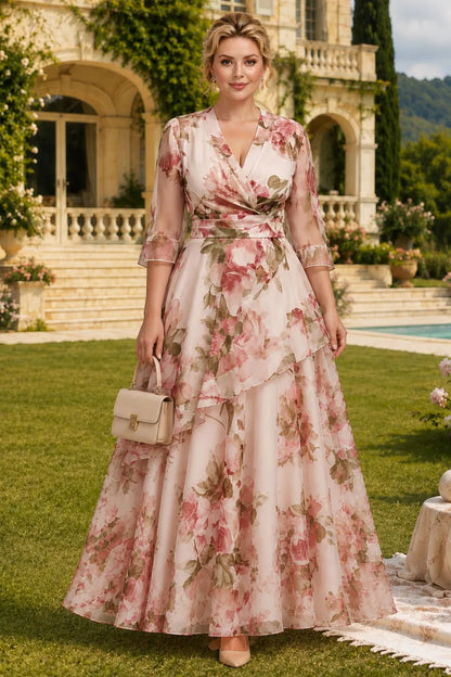 Elegante Vestido Maxi Floral Rosa para Mujeres con Escote en V, Manga de Campana, Estilo de Invitada de Boda con Volantes en Capas