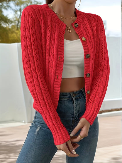 Suéter Cardigan de Punto de Cable Cómodo para Mujeres con Cuello Redondo, Manga Larga, Botones Frontal y Estilo Corto Casual