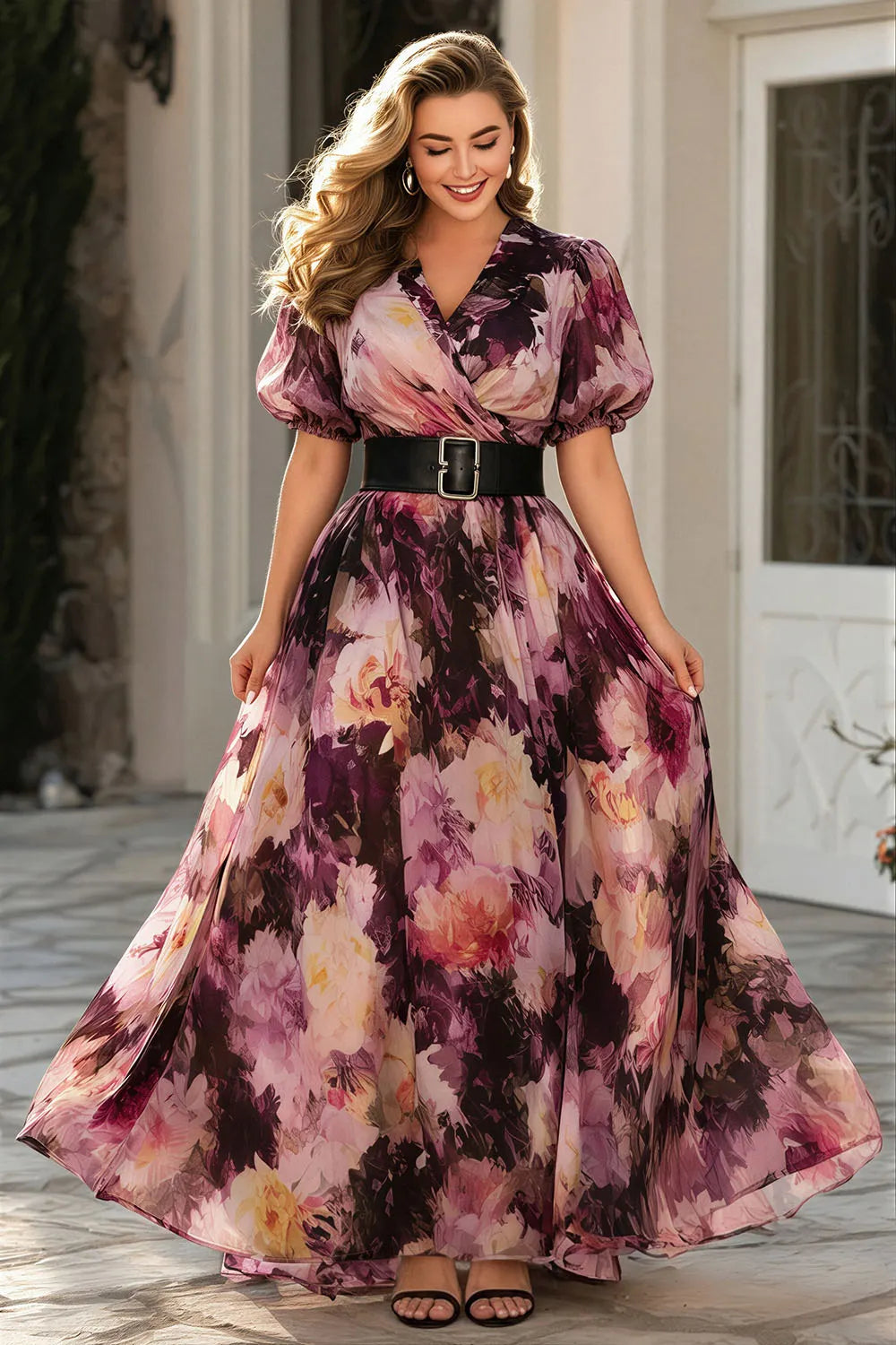 Elegante Vestido Maxi Floral Púrpura para Mujeres con Escote en V, Mangas Abullonadas y Cinturón para Invitadas de Boda
