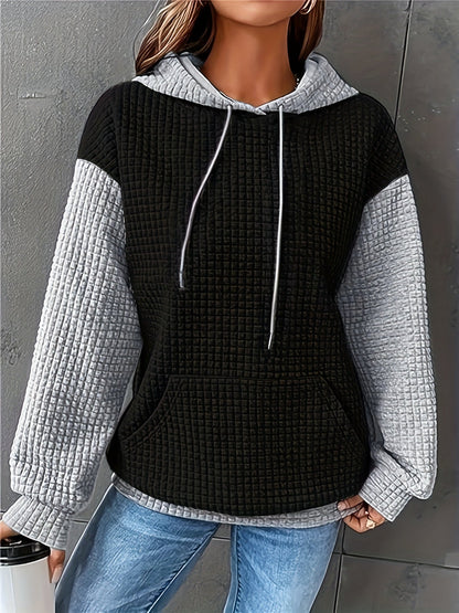 Sudadera de punto waffle color bloque cómoda para mujeres con capucha ajustable, manga larga y bolsillo canguro, estilo oversized