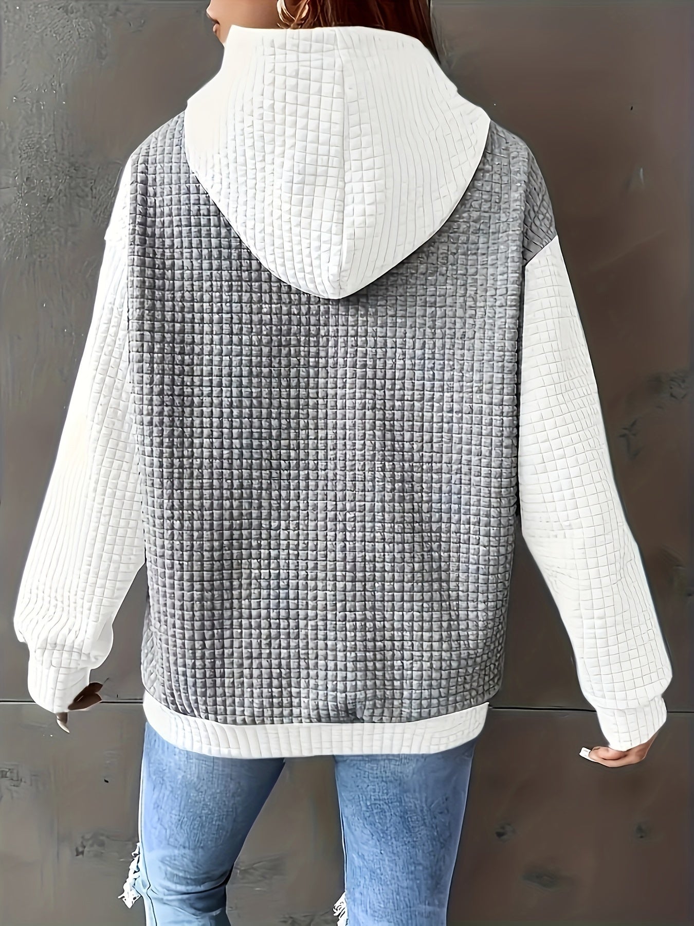 Sudadera Texturizada Colorblock Cómoda para Mujeres con Capucha Ajustable, Manga Larga y Bolsillo Canguro, Estilo Oversized