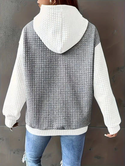 Sudadera Texturizada Colorblock Cómoda para Mujeres con Capucha Ajustable, Manga Larga y Bolsillo Canguro, Estilo Oversized