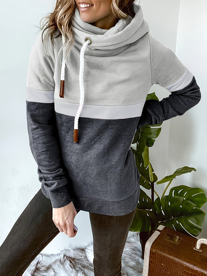 Sudadera Colorblock Cómoda para Mujeres con Cuello de Cowl, Manga Larga, Capucha, Estilo Oversized de Tejido