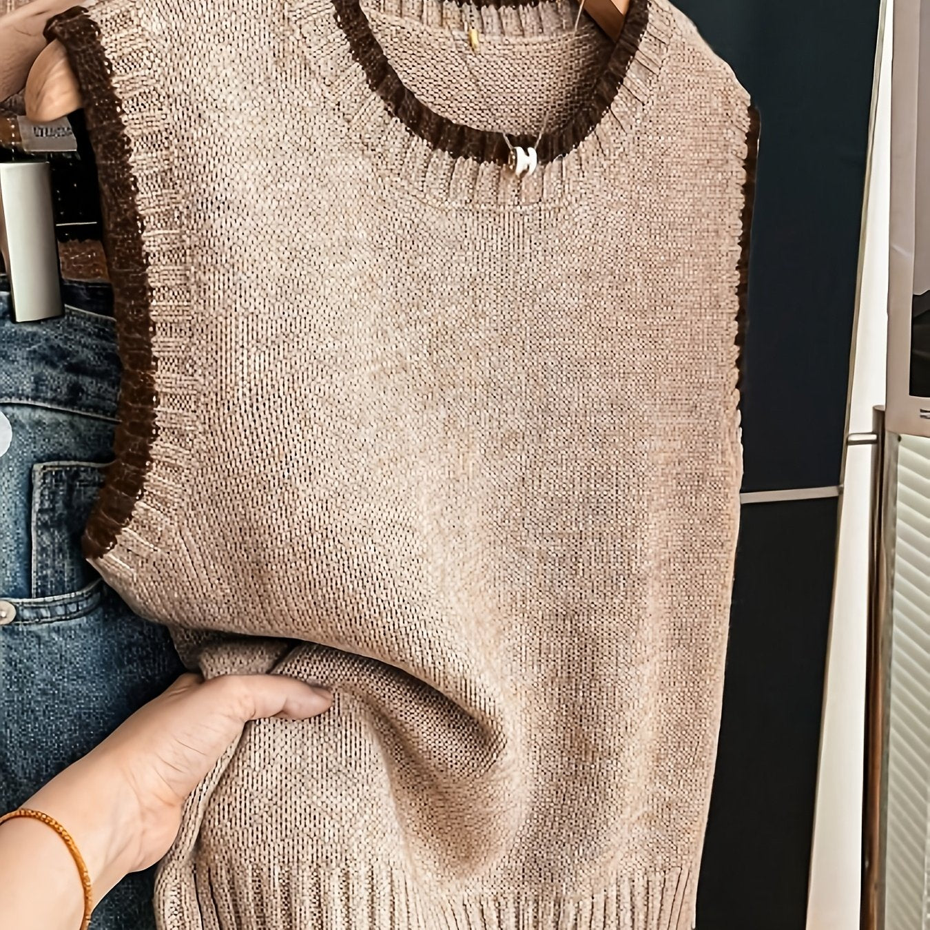Chaleco de Suéter de Contraste Cómodo para Mujeres con Cuello Redondo, Sin Mangas, dobladillo Acanalado, Estilo Oversized