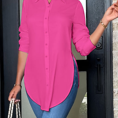 Blusa Tunic Sin Esfuerzo para Mujeres con Cuello, Manga Larga, Botones en la Parte Frontal, Estilo Relajado Alto-Bajo
