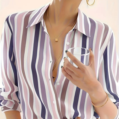 Blusa de Chifón Rayada Sin Esfuerzo para Mujeres con Cuello, Manga Larga, Botones Frontales y Estilo Sedoso Relajado