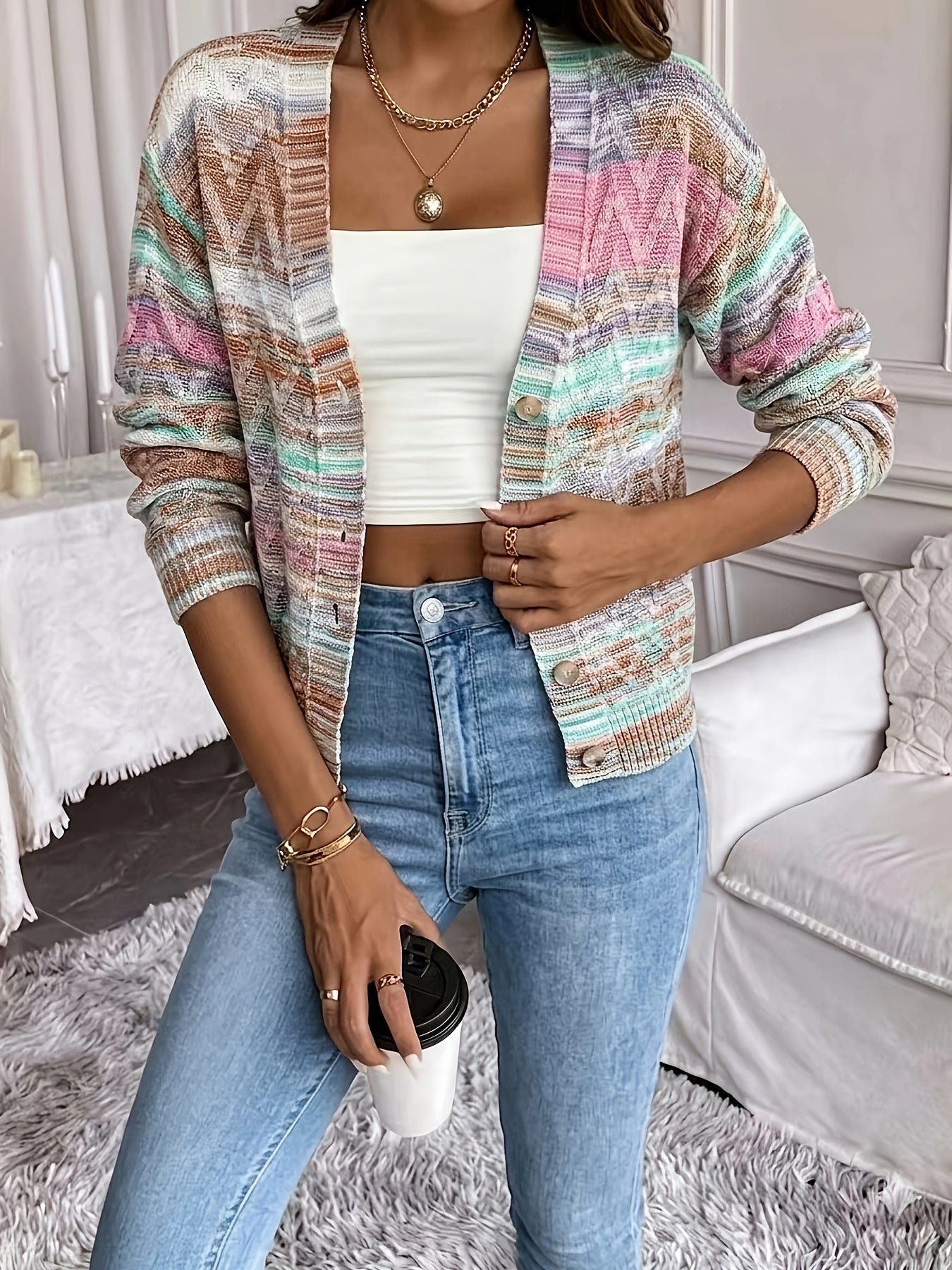 Suéter Cardigan de Tejido Espacial Cómodo para Mujeres con Cuello en V, Manga Larga y Botones en la Parte Frontal